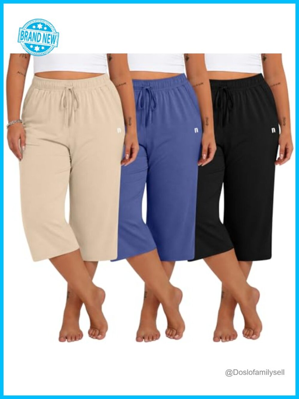 3 Pack Women's Plus Size Wide Leg Capri Sweatpants with Pockets Drawstring